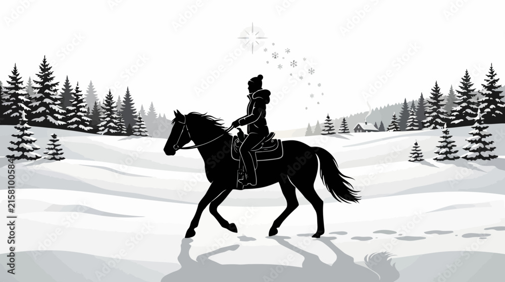 Naklejka premium Silhouette illustration of a person riding a horse through a magical snowy forest landscape under a star light sky