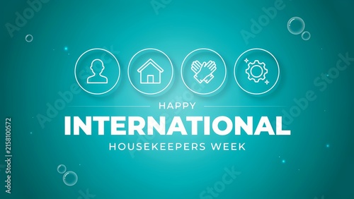 Happy international housekeepers week celebration banner with flat line icons and blue background