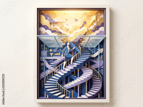 Business woman climbing spiral stairs towards light and arrows in layered paper craft style