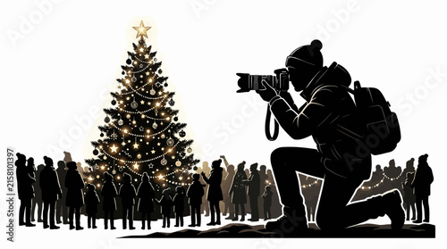 Photographer kneeling to take picture of large decorated christmas tree with crowd of people in silhouette vector