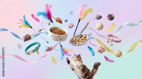 Adorable Calico Cat Playing With Assorted Toys and Cat Food on a Soft Pastel Gradient Background