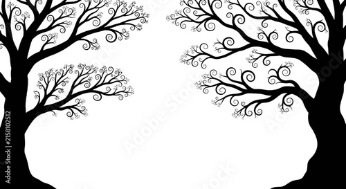Black tree silhouettes with curly branches on white background with four black illustration decorative abstract graphic design nature border