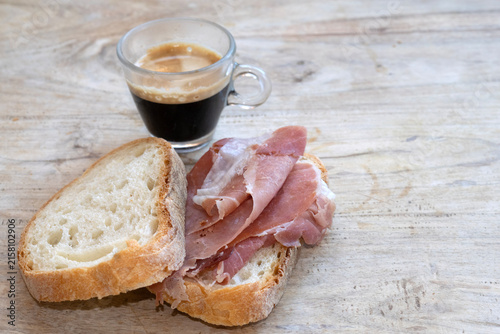 espresso prosciutto bread breakfast concept