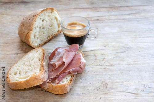 espresso prosciutto bread breakfast concept