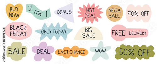 Black Friday sale stickers with discount offers, special deals, shopping promotions and colorful badges. Buy now, sale, bonus, free delivery and percentage discounts. Flat vector illustration.