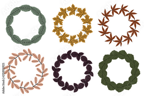 Botanical wreath collection made of leafy branches in different shapes and seasonal styles. Natural decorative frames for wedding invitations, branding, stationery, packaging, cards and floral designs