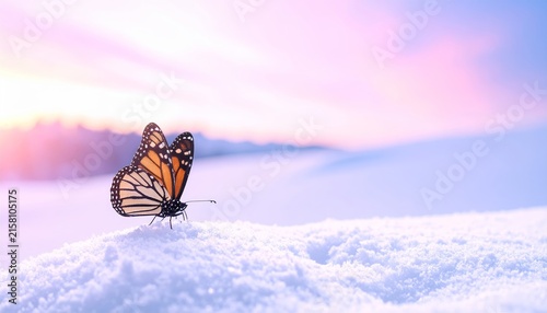 a monarch butterfly on a snow covered hill