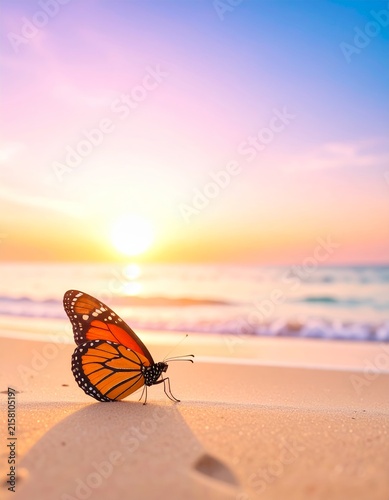 a monarch butterfly on the beach at sunset
