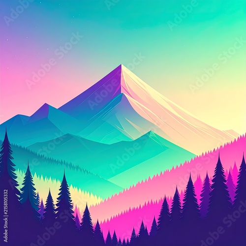 a mountain landscape with trees and mountains in the background