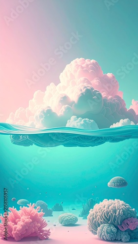 a pink and blue ocean scene with corals and clouds