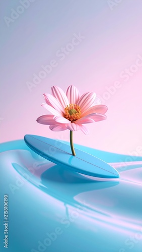a pink flower floating on top of a blue wave
