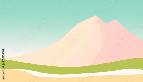 a pink mountain with green grass and a blue sky