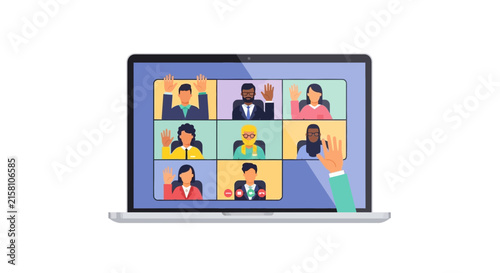 Video Conference Illustration on Laptop Screen with Diverse Business Team for Remote Work, Online Meetings, and Virtual Collaboration