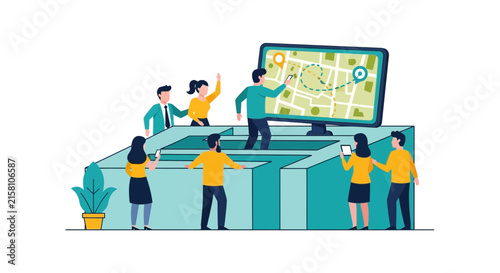 Business Team Navigating Through a Complex Maze Towards Success Concept Illustration