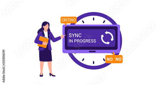 Businesswoman Pointing at Sync in Progress Screen with Clock, Data Synchronization and Time Management Vector Illustration for Technology and Office Concepts