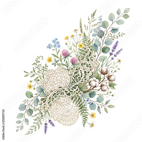 Watercolor Wildflower Bouquet with Delicate Lace Accents and Mixed Greenery Botanical Art