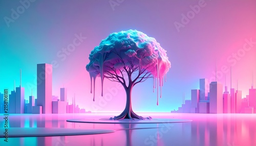 a tree with dripping paint on it in front of a city