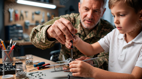 Veteran father and son build model airplane together in workshop