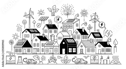 Sustainable Eco City Concept with Green Energy Sources Line Art