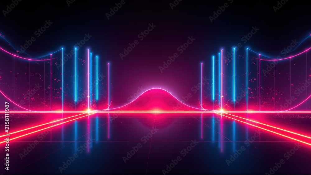Naklejka premium Neon landscape. Futuristic scene with vibrant pink, blue lights. Grid floor reflects glowing structures, creating immersive visual experience.