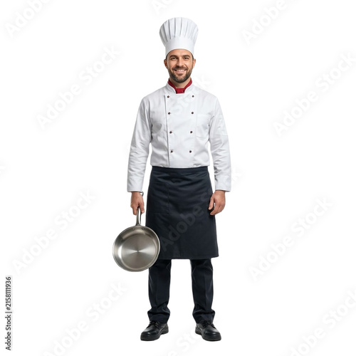 Professional male chef wearing tall white hat holding silver skillet isolated on transparent background