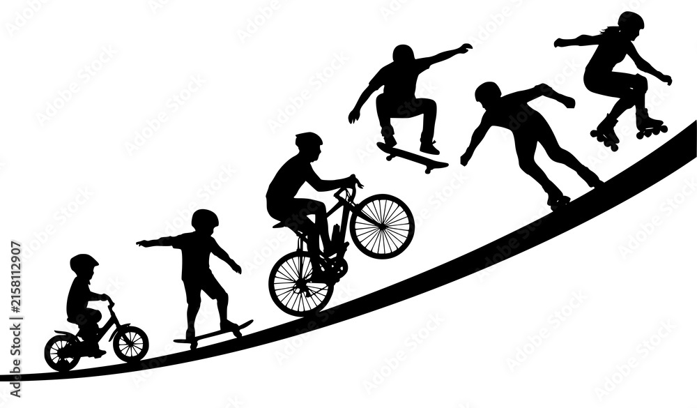 Naklejka premium Extreme Sports Silhouettes Showing Skateboarding, BMX Cycling, Rollerblading, Jumping, Balancing, and Freestyle Action on Curved Ramps