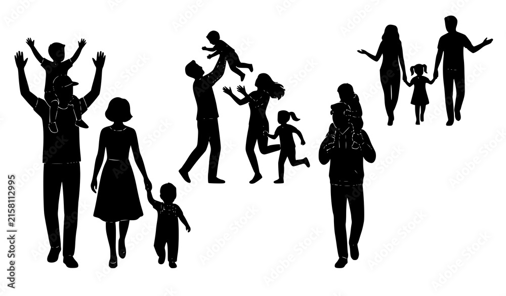 Fototapeta premium Happy Family Silhouette Collection Featuring Parents and Children Playing, Walking, Celebrating, and Enjoying Quality Time Together