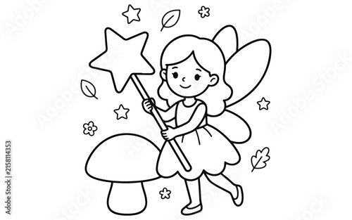 Fotografie Charming hand drawn illustration of a little fairy with a magic wand and mushroo