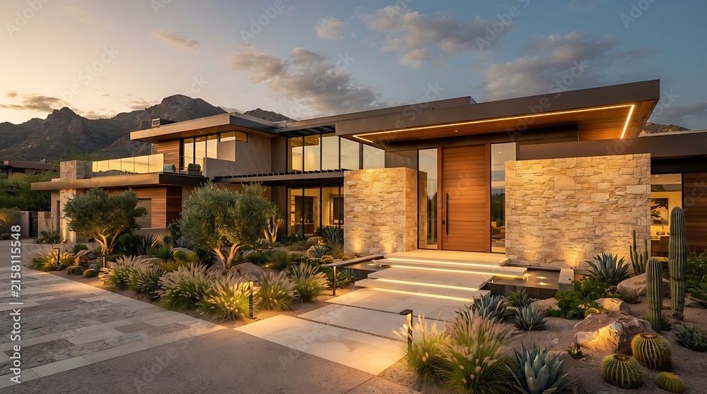 Fototapeta premium Modern luxury home exterior with stone facade and desert landscaping at sunset