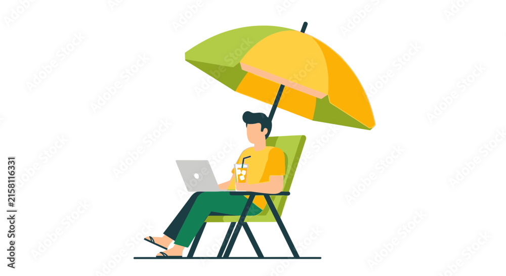 Fototapeta premium Digital Nomad Working on Laptop under Beach Umbrella Illustration - Remote Work, Freelancing, and Work-Life Balance Concept on White Background