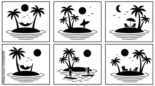 Tropical island silhouettes with palm trees sun moon and leisure activities on a white background