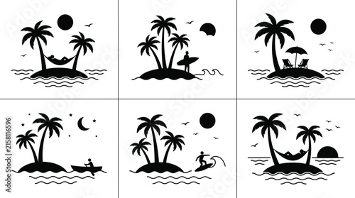 Tropical island silhouettes with palm trees sun moon and leisure activities on a white background