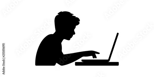 Young man sitting on the beach using a laptop and listening to music with headphones continuous line. Continuous single line drawing of a young man sitting on a bean bag chair while using a laptop. 