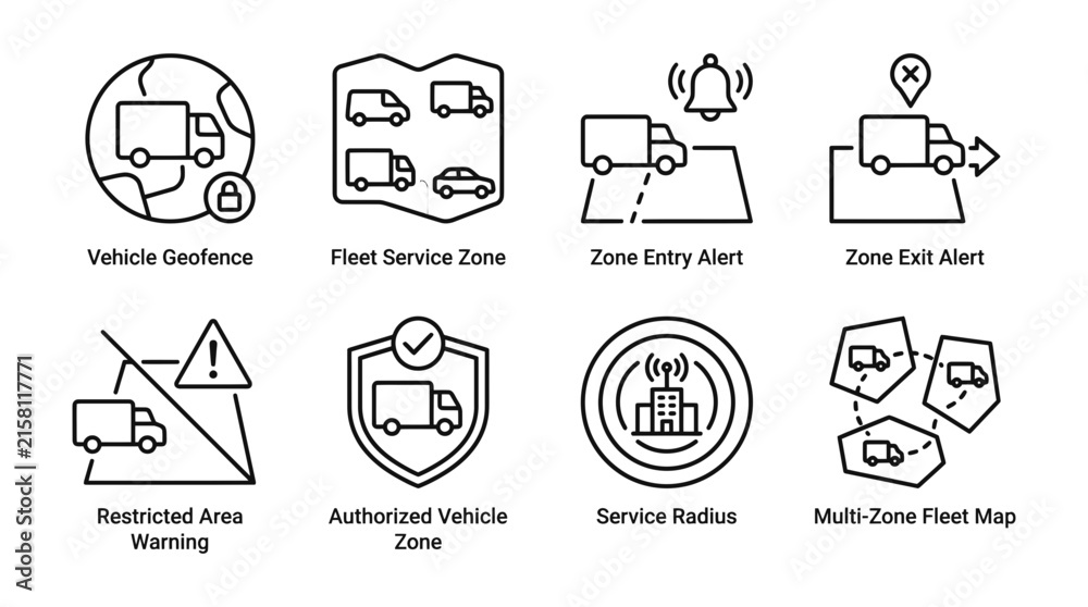 Fototapeta premium Fleet management vector icons set featuring logistics tracking zone alerts vehicle security warnings and delivery navigation map route outline elements