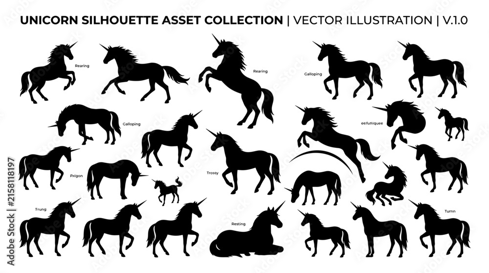 Fototapeta premium Unicorn Silhouette Asset Vector Collection Featuring Various Poses Like Rearing, Galloping, Trotting, and Sitting for Mythical Fantasy Graphic and Craft Designs