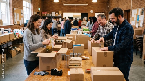 Volunteers packing cardboard boxes with food donations at a community center warehouse, working together to organize supplies for charity