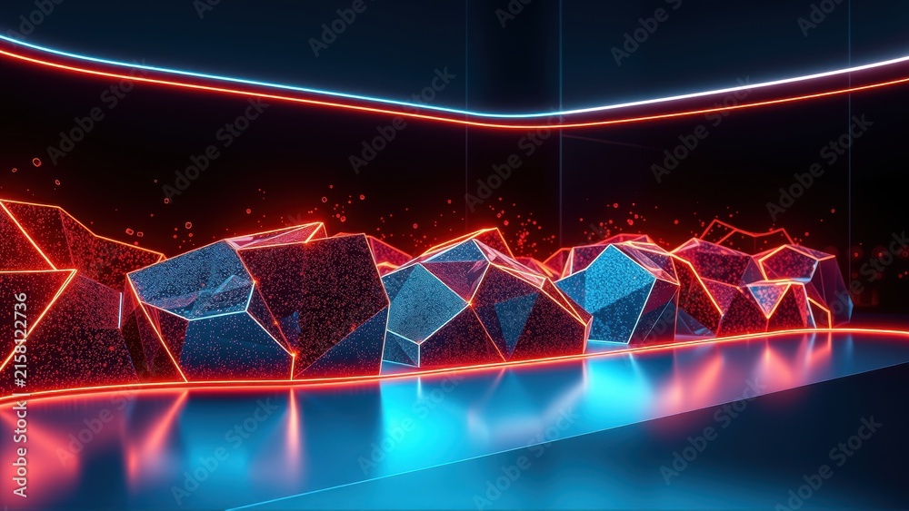 Naklejka premium Abstract polygonal landscape glows with neon lights. Dark room creates futuristic, digital atmosphere. Red, blue hues dominate scene.