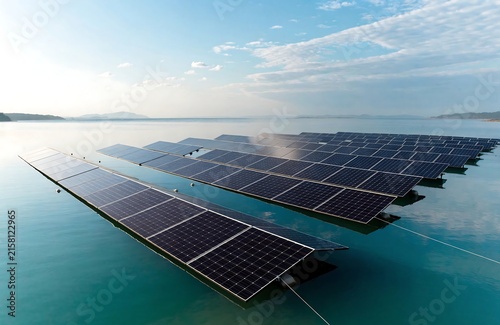 Floating solar panels array on calm water body under clear sky