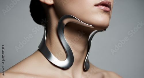 Woman wearing a modern silver metal neck choker jewelry piece