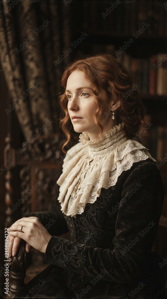 Fototapeta premium Elegant Woman in Vintage Attire with Classic Interior Background.