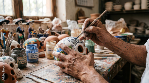 Artist hand painting a ceramic skull with intricate details.
