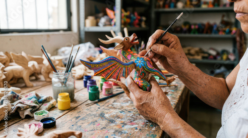 Artist painting a colorful dragon sculpture with fine detail brushes.