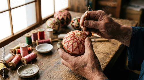 Craftsman hands carving intricate details into wooden sphere.