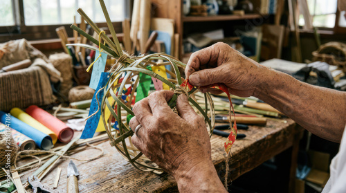 Hands weaving a decorative sphere with colorful ribbons and natural materials.