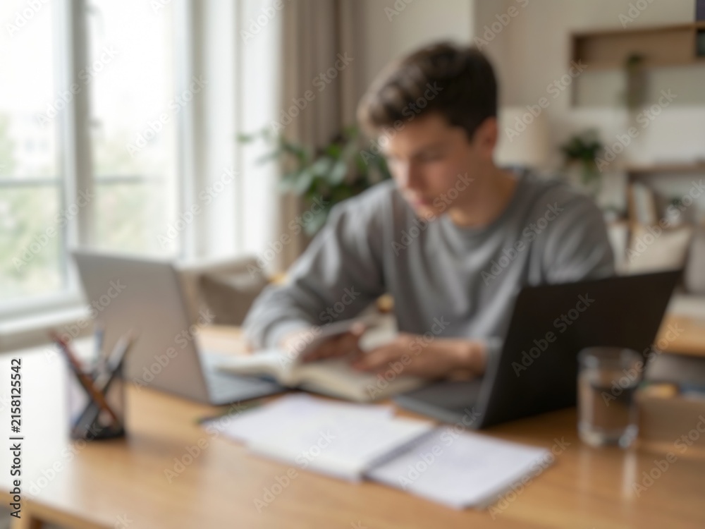 Fototapeta premium Blurred home office scene showing a man using a laptop at a desk, suitable for freelance work, digital business, and professional lifestyle concepts.