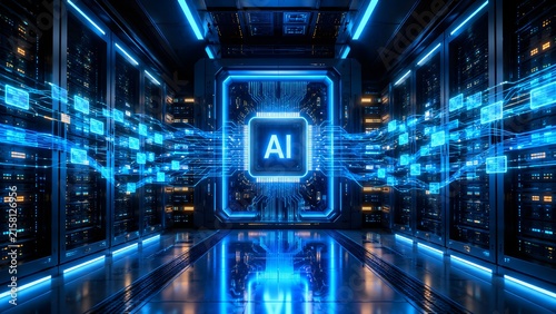 Massive glowing AI processor chip floating in a server room with complex digital data streams