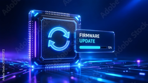 Obraz na płótnie Glowing microchip processor displaying firmware update interface with circuit board lines and refresh arrows