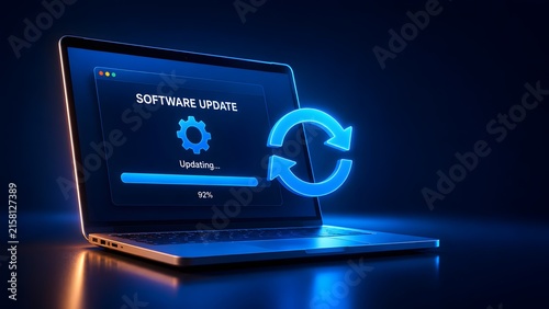 Laptop displaying glowing blue software update interface with progress bar and refresh arrows