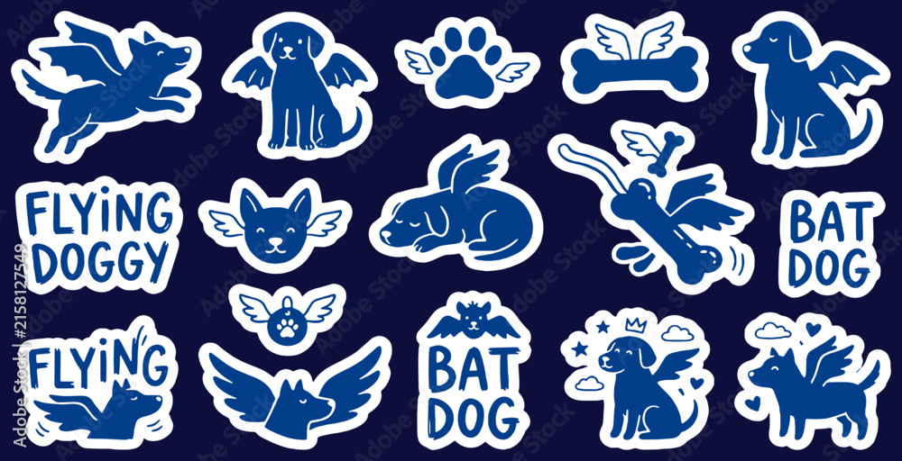 Obraz premium Collection of cute blue dog stickers with wings, bones, and paw prints on a dark background.