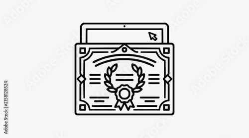 Clean Black and White Line Art of a Tablet Showing Award Ribbon and Laurel Wreath Inside a Stage